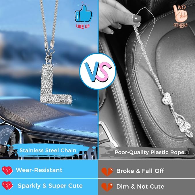 Bling Car Accessories for Women Letter Charm, Rear View Mirror Ornament Cute Hanging Crystal Pendant Girl Car Decorations, Lucky Diamond Rhinestone Girly Charm Interior (White L)