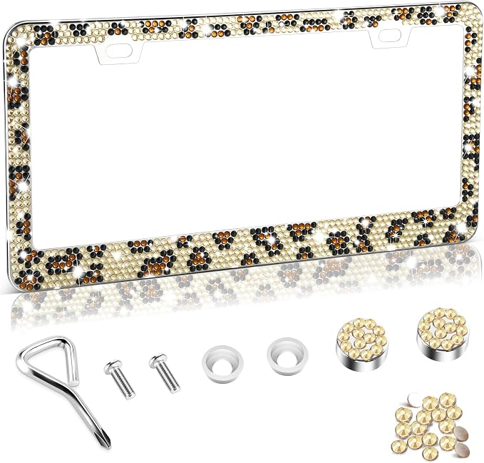 Amiss Bling License Plate Frame for Women, 1Pack Rhinestone Handcrafted Crystal Premium Stainless Steel, Stainless Steel Car Decorative Accessories with Diamond Sparkle Glitter Caps (Leopard Print)