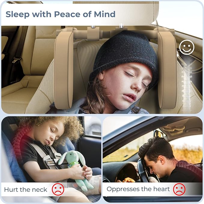 Adjustable Car Headrest Pillow, Road Pal Headrest, U-Shaped Travel Sleeping Pillow for Kids & Adults, Head Neck Support Only Suitable for Car Seat Headrest with Poles, Khaki
