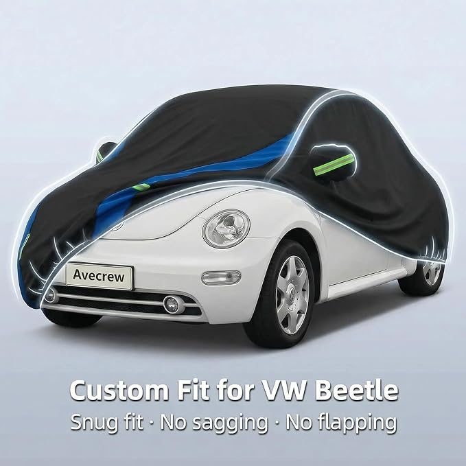 Avecrew Car Cover Custom Fit for VW Beetle, Waterproof All Weather Full Exterior Cover Rain Snow Protection Cover with Side Door Zipper Design