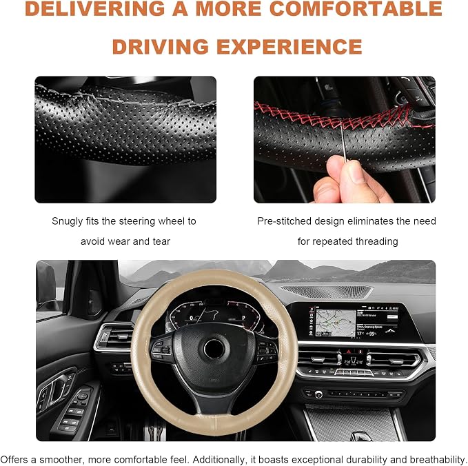 Genuine Leather Steering Wheel Cover, 15 Inch Stitch on Wheel Wrap with Needles & Threads, Breathable Steering Wheel Protector DIY Sewing Wrap for Car Truck SUV (Beige, Full Hole)