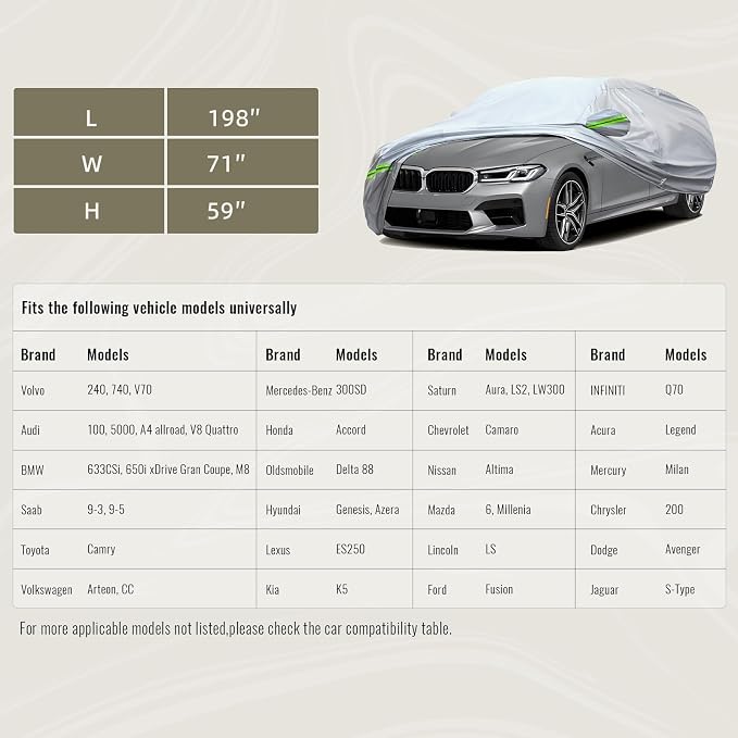 TUCAREST 6-Layers Premium Full Car Cover Hard Shell Zipper Design Waterproof All Weather Weatherproof UV Sun Protection Snow Dust Storm Resistant Outdoor with Straps (Fit for Sedan 188"- 198")