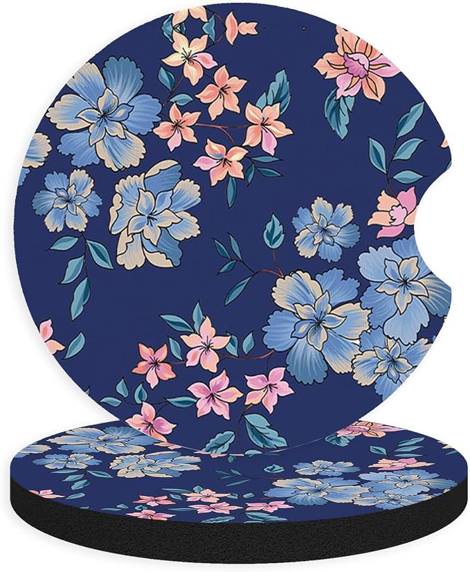 2pcs Cute Blue Flowers Car Coasters,Absorbent Universal neoprener Cup Holder Coasters with a Finger Notch,Car Accessories for Women&Man Interior，2.75" 9