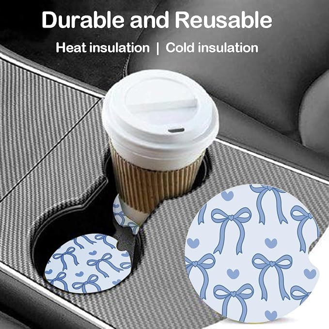 Ceramic Car Coasters – Absorbent Car Cup Holder Coaster Set for Women, Cute Aesthetic Car Accessories for Girls, 2 Pack (Blue)