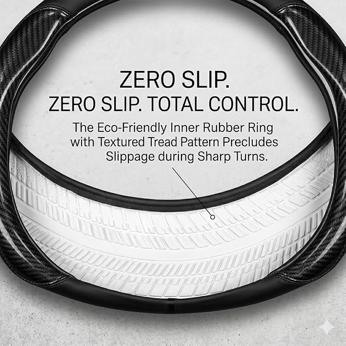 Carbon Fiber Car Steering Wheel Cover, Black Leather 14.5-15 Inch | Fine Microfiber Leather & Sporty Carbon Fiber Pattern Non-Slip Rubber Lining Fits 14.5 to 15 Inch Standard Wheels