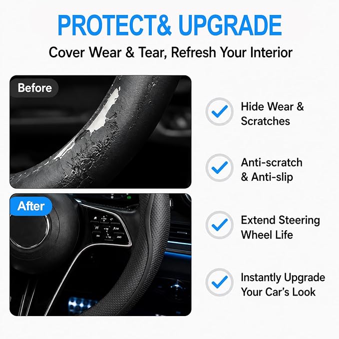 Car Steering Wheel Cover Full Surround - Soft Breathable Anti-Slip Heavyweight Safety Cover, Thick Cushioned Sports Style Universal Fit for Auto Truck SUV (Black)