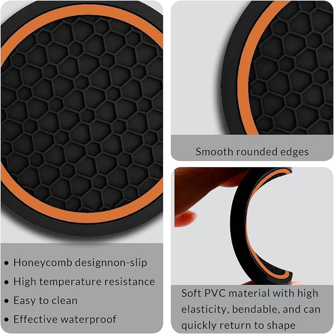 Car Cup Holder Coasters, Dustproof Automotive Interior Accessories Mat,2.75 Inch Non-Slip Insert Water Bottle Holder Pads, Universal for Vehicles, Trucks, RVs and More (Black/Orange, 2PCS)