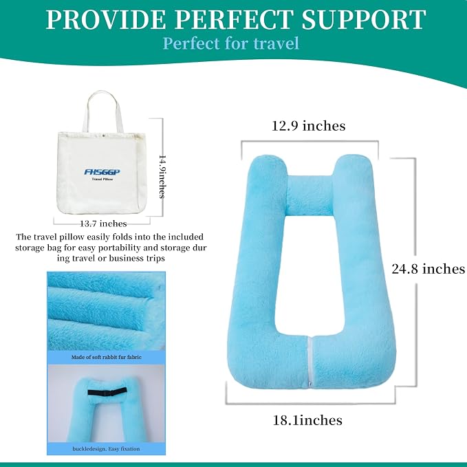FHSGGP Travel Pillow Upgraded Version of Aircraft Travel Neck Pillow | with Storage Bag, Sleep Pillows for Travel by Train, Car, or Plane, Supporting The Head and Body, Travel Pillow for Kids Blue