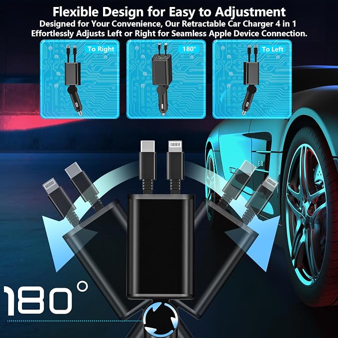 [Apple MFi Certified] Retractable Car Charger USB C, Rombica 120W Car Phone Charger 4 in 1 Car Accessories Adapter PD/QC Type C Fast Car Charging for iPhone 17/17 Pro/16/15/14/13/Galaxy S26/S25/Pixel