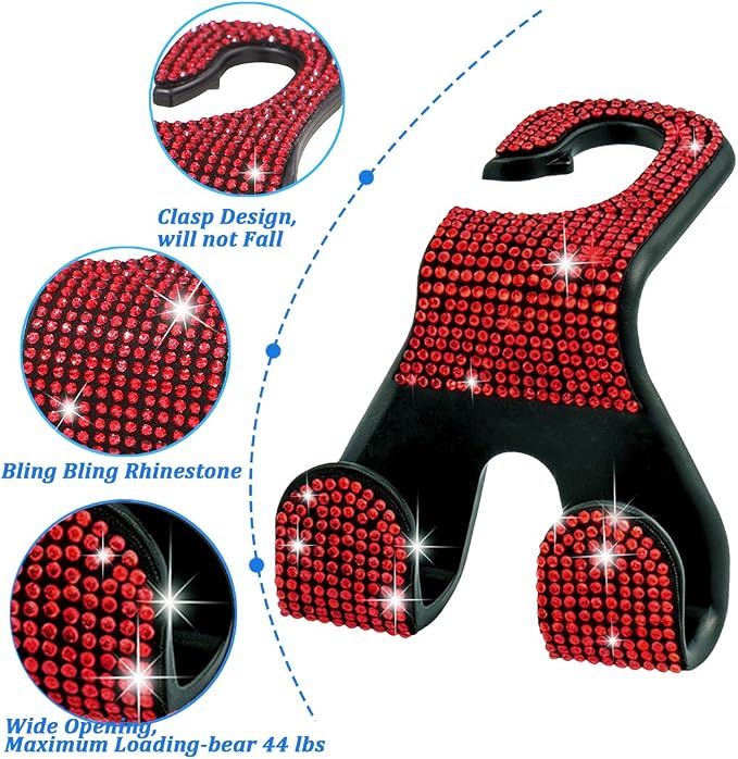 Bling Car Purse Hooks 2Pcs, Rhinestones Car Headrest Hook Backseat | Double Hooks,Holds 44Lbs,Wide Opening,Durable Nylon,Car Seat Hook,Purse Holder,Bling Car Accessories for Women,Red