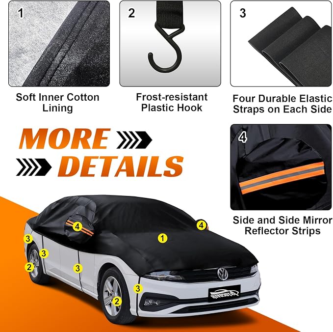 Half Car Cover Sedan M, Car Snow Cover for Windshield & Sunroof Protection with Soft Lining, Top Only Partial Cover for Convertible