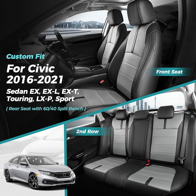 Seat Covers for Honda Civic Sedan EX-L, EX-T, EX, Touring, Sport 2016-2021, Faux Leather Car Seats Cover Full Set Waterproof Black Grey (60/40 Split Seatback-with Rear Armrest)
