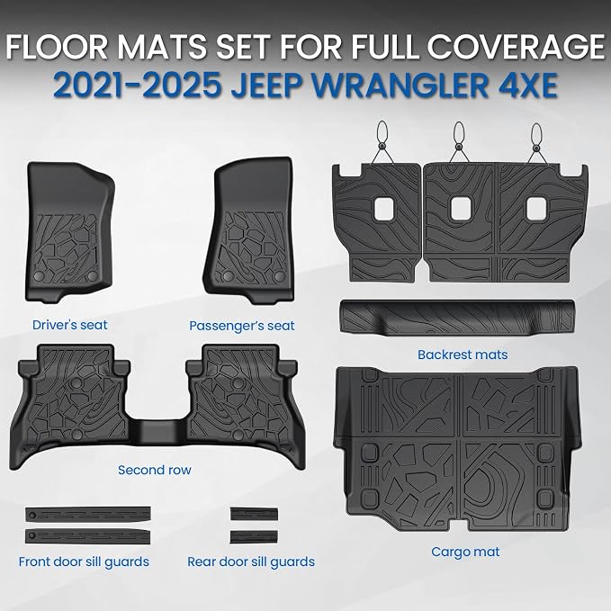 Floor Mats Set for Jeep Wrangler JL 4XE 2021-2025 4-Door (Not fit JK/GAS/2-Door), All Weather TPE Backrest Mat Trunk Mat Cargo Liner Door Sill Guards Accessories