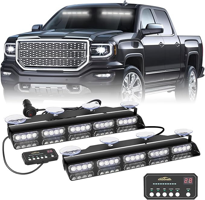 XRIDONSEN White Strobe Lights for Trucks, 40 LED Emergency Dash Lights | 2x 17" Interior Front/Rear Windshield Lights Safety Warning Hazard Light Bar w/ Controller for Tow/Plow Construction Vehicles