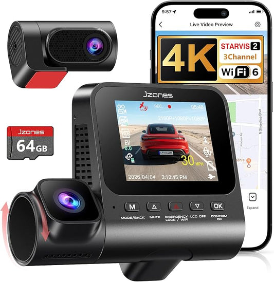 3 Channel Dash Cam Front and Rear, 4K Dash Camera for Cars STARVIS 2 HDR Night Vision, 24H Parking Mode, 64GB Card Included, Dashcam Built-in 5.8GHz WiFi GPS
