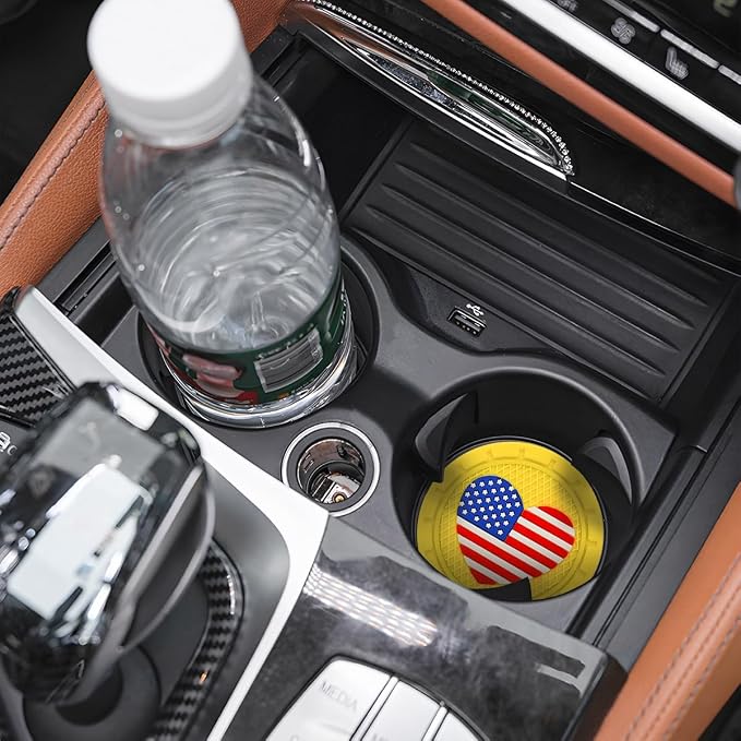 AUCELI 2 Pack Car Cup Holder Coasters, Colored American Flag US Flag Insert Car Cup Coaster, 2.75 Inch Anti Slip Shockproof Embedded Drink Mat, Vehicle Interior Decor Accessories
