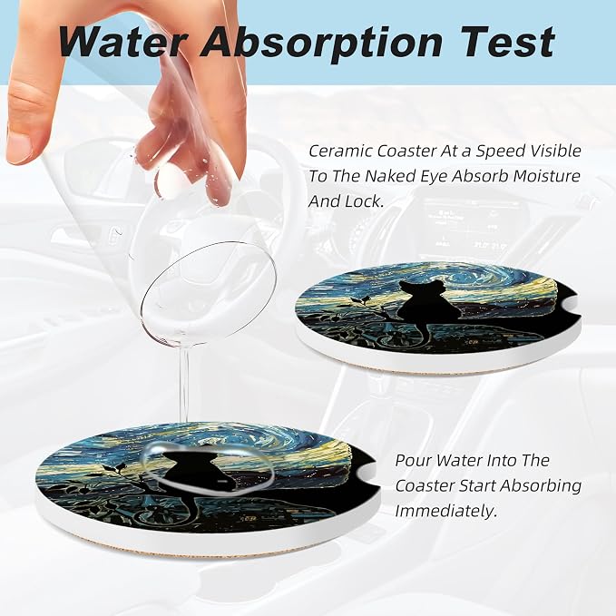 Aesthetic Black Cat Car Coasters for Cup Holders,2 Pack Car Cup Holder Coasters for Car,Ceramic Absorbent Car Coaster with A Finger Notch and Cork Base,Car Interior Accessories for Women Men