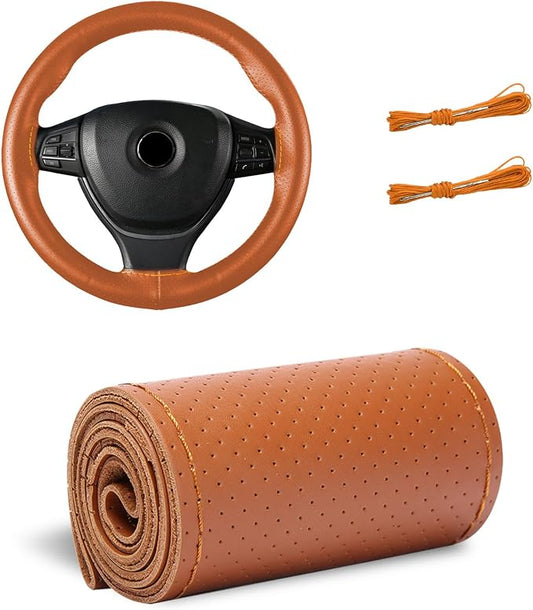 Genuine Leather Steering Wheel Cover, 15 Inch Stitch on Steering Wheel Protector with Needle & Thread, Anti-Slip DIY Sewing Wheels Wrap for Most Vehicles (Brown, Full Hole)