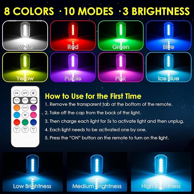 PIFOOG 4-Pack Wireless Strobe Lights for Car, Rechargeable LED Warning Lights with Remote Control, IP67 Waterproof, USB-C Fast Charging, 8 Colors, 3 Brightness Levels for Motorcycle, Bike & Scooter