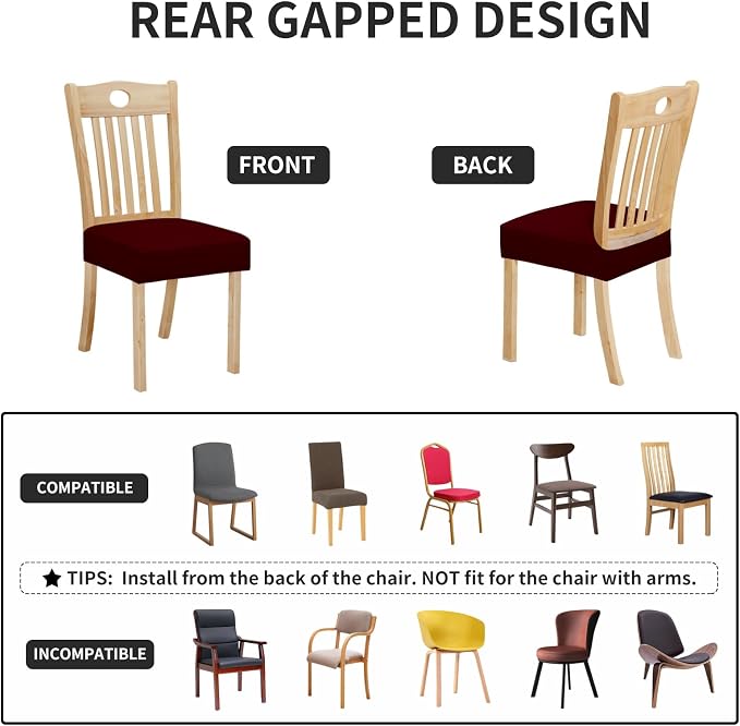 Easy-Going 100% Waterproof Seat Covers for Dining Room Chairs Set of 4, Stretch Chair Seat Slipcovers Protector Removable and Washable Kitchen Dining Chair Covers, Wine