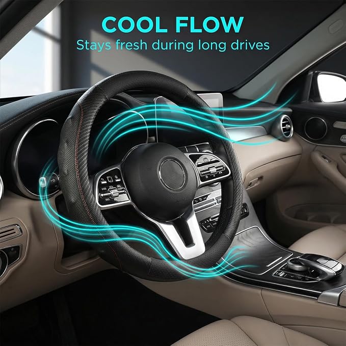 Car Steering Wheel Cover, Breathable Carbon Fiber Vehicle Steering Wheel Protector with Anti-Slip Lining, Automotive Interior Accessories, Universal for SUV RV Truck (Black)