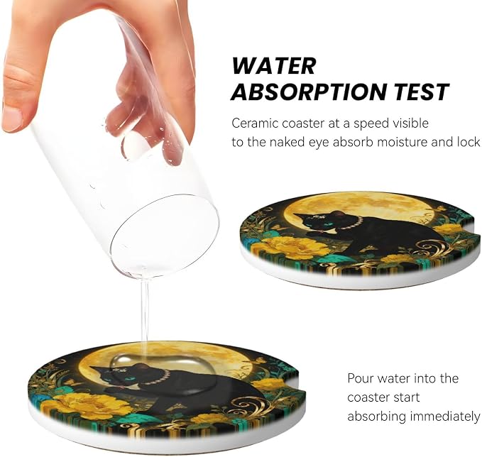 Black Cat Golden Moon Flower Bushes 2 Pack Car Cup Holder Coasters Absorbent Ceramic Drink Coasters 2.56" Anti Slip Cup Mat with Cork Base Finger Notch Auto Accessories Interior for Women Men