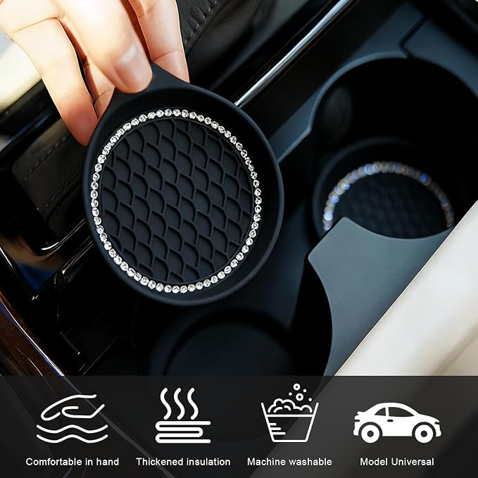 Bling Car Cup Holder Coaster, Anti-Slip Rhinestone Cup Holder Insert (4 Pack) with Push Start Button Ring (2 Pack), Shiny Diamond Car Interior Accessories, Universal for Most Vehicle (Black)