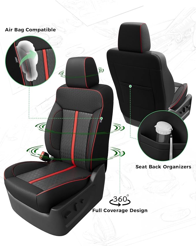 for Chevy Silverado & GMC Sierra Leather Seat Covers Crew Cab 1500 2014-2018, 2500HD 3500HD 2015-2019, Custom Seat Cover Full Set, Pickup Protectors Accessories, Black Red(W/O Rear Cupholder)