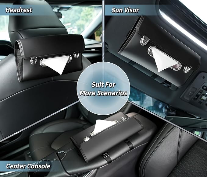 Car Tissue Holder, PU Leather Large Back Seat Tissue Box with Adjustable Straps, Trendy Rectangle Napkin Holder for Car, can Holding on Headrest/Sun Visor/Console