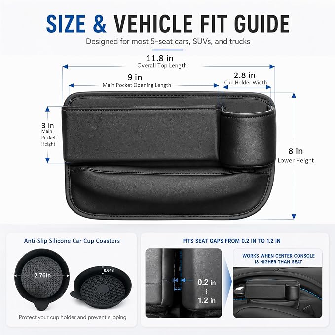 2 Pack Car Seat Gap Filler with Cup Holder – Anti-Drop Design | Universal PU Leather Seat Gap Organizer, Storage Box with Pockets & Cup Holders – Fits Most Vehicles