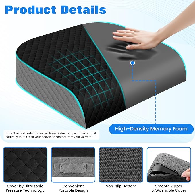 Seat Cushion, Memory Foam Chair Pad for Sciatica & Hip Pain Relief, Non-Slip Cushion for Office, Home, Car, Large Desk Chair Cushion, Washable Cover & Handle, Large, Black
