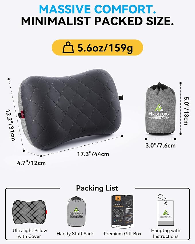 Hikenture Camping Pillow with Removable Cover, Ultralight Inflatable Pillow | Ergonomic Neck Lumber Support, Upgrade Leakproof Backpacking Pillow, Portable Packable for Hiking, Beach, Travel