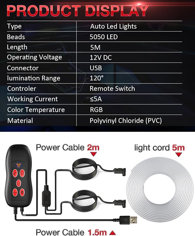 Interior Car LED Strip Lights 12V RGB LED Ambient Lighting, USB Fiber Optic Lights 5M 16 FT Interior Car Lights with for Decorative Accessories