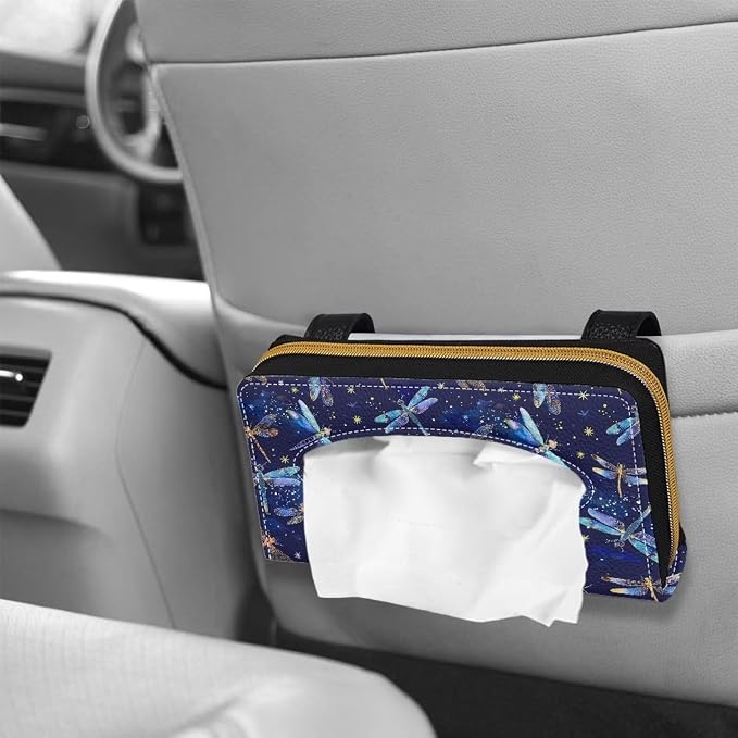 PU Leather Visor Tissue Holder Car Sun Visor Tissue Box Holder Dragonflies Leather Napkin Holder
