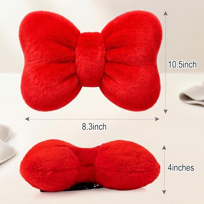 Macarrie 2 Pcs Red Car Neck Pillow Imitation Rabbit Fur Bow Pillow | Soft Comfortable Seat Headrest Support, Cute Bow Car Accessories, Driving Travel Driver Chair Girl Interior Decor, Solid