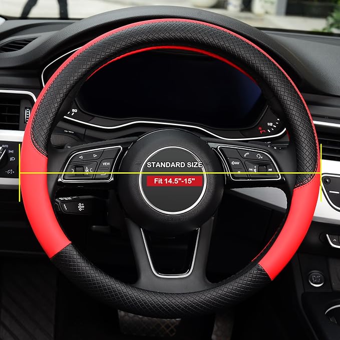 LABBYWAY Steering Wheel Cover, Universal Fit 15 Inch Microfiber Leather Car Wheel Protector, Anti-Slip, Red