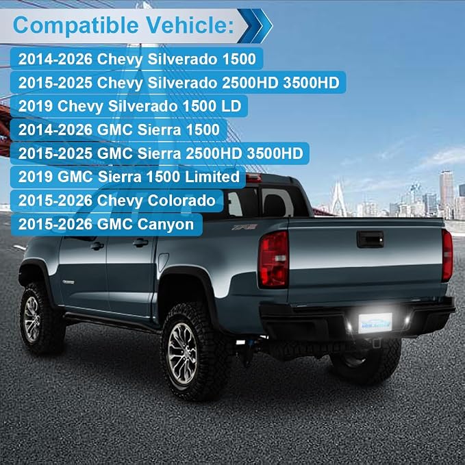 LED License Plate Light Lamp Assembly | Compatible with 2014-2025 Chevy Silverado GMC Sierra, 15-26 Colorado Canyon Pickup Truck 6000K White, Pack of 2