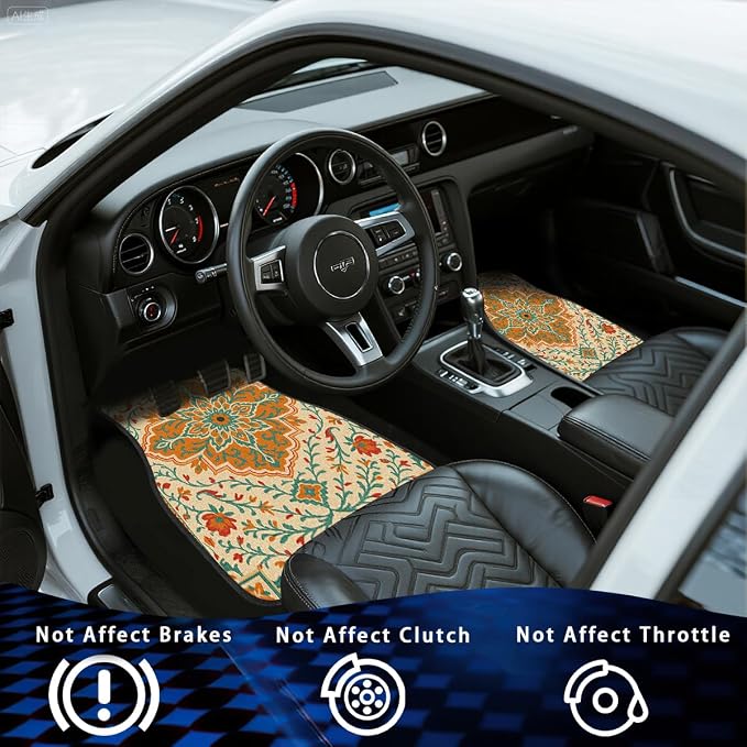 Orange Car Floor Mats Set of 4 Bohemian Floral Vine Automotive Foot Mats Rugs Carpet for Car Non-Slip Auto Car Accessories Universal Fit for Car SUV Truck Van