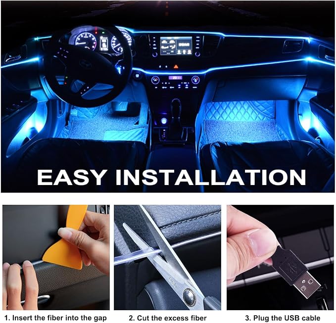 Interior Car LED Strip Lights with Wireless APP & Remote Control, RGB 2 in 1 Car Ambient Lighting Kit with 158 Inches Fiber Optic, Inside Neon Dash Strip with Music Mode