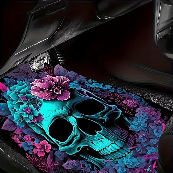 Universal Fit Car Floor Mats Set of 4Pcs, Blue Skull and Flower All-Weather Front Rear Car Carpet Mats, Non-Slip Car Floor Mat Car Accessories for Automotive Trucks SUV Sedans Vans