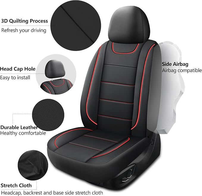 HChengkikz Car Seat Cover, Waterproof Faux Leather (Black + Red) | Car Seat Protectors, Quilting, Easy to install, Airbag Compatible, Universal Fit for Most Suvs, Trucks, SUVs