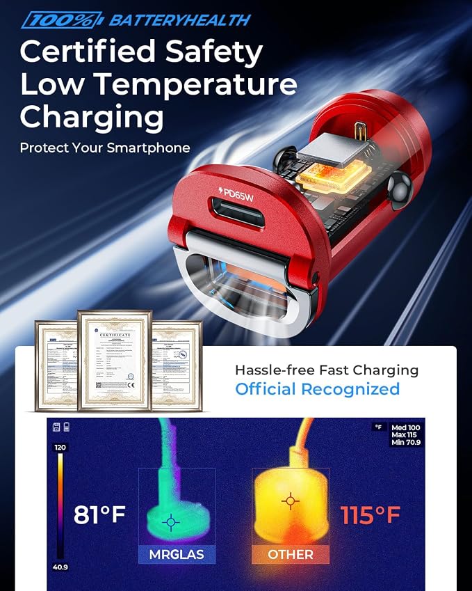 MRGLAS【Upgraded】 125W USB C Car Charger Super Fast Charging for iPhone 17 | [PD65W & QC60W][All Metal] Cigarette Lighter Car Charger,Dual Port for iPhone 16 15 Pro iPad Samsung S25 S24 MacBook-Red