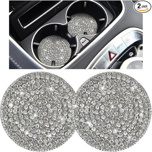 Bling Car Cup Holder Coaster, 2PCS 2.75 Inch Crystal Rhinestone Anti Slip Vehicle Drink Cup Mat for Women Girls, Auto Interior Embedded in Ornaments. Universal for SUV RV Truck (White)