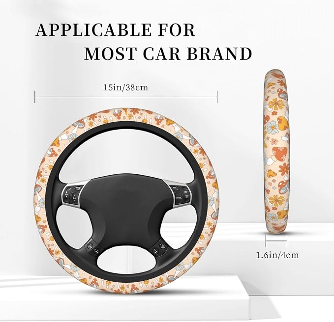 Hippie Mushroom Groovy 70s 80s Flower Steering Wheel Cover For Women Men Girls Car Accessories Decor Anti-Slip Neoprene Auto Steering Wheel Covers Protector Universal 15 Inch