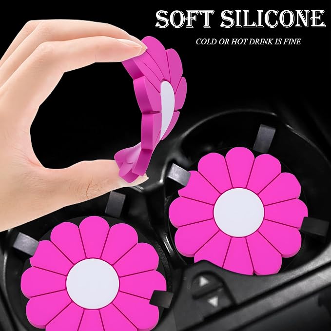 2-Pack Car Cup Holder Coaster Inserts, Daisy Shape, 2.75 Inch Non-Slip Silicone Cup Holder Insert, Universal Non-Slip Cup Holders, Car Accessories Interior for Women and Man (Rose Red)