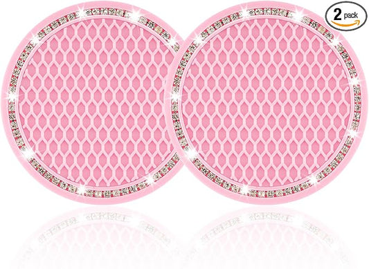 JUSTTOP Car Cup Holder Coaster, 2 Pack Universal Auto Anti Slip Cup Holder Insert Coaster, Bling Crystal Rhinestone Car Interior Accessories-Pink