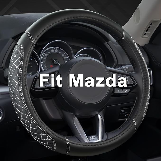 West Llama Car Steering Wheel Cover for Mazda 3,5,6,CX-3,CX-5,CX-30,CX-50,CX9,CX-9,MX-5 Miata,CX-7,RX-8,14.5-15 inches(Diamond Quilted-Black+Gray-Standard Size)