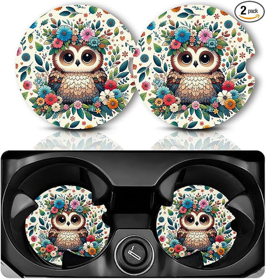 Yonlevres Car Coasters for Cup Holders，2.75" Universal Size Anti Slip Rubber Mat with A Finger Notch, 2 Pack Cup Holder Coasters for Car Interior Accessories for Women Men Flower Owl