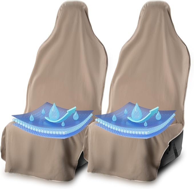 UltraSport Waterproof Towel Car Seat Cover, Universal Fit, Sweatproof & Odor-Resistant Front Seat Protector, Quick-Dry, Machine Washable for Gym, Pets, Travel, Outdoor Adventures, Tan, 2-Pack