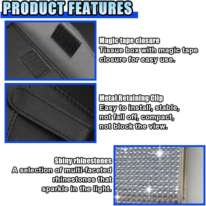 Bling Car Sun Visor Tissue Box Holder, PU Leather Auto Paper Towel Cover, Glitter Crystal Rhinestone Napkin Holder, Car Decoration Accessories for Women (Beige/White)